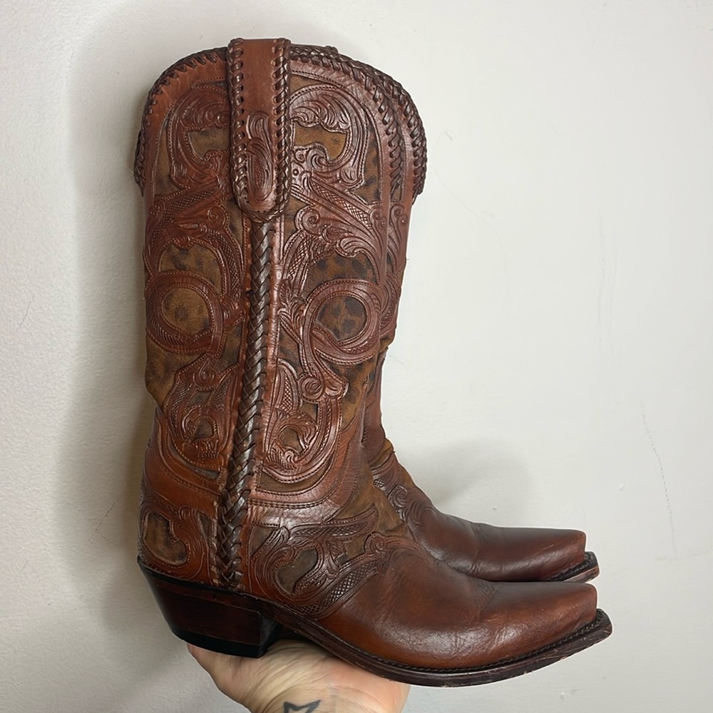 Lucchese | Women’s Whiskey Tooled Leather & Cheetah Cowgirl Boots Size 7 - Picture 1 of 10